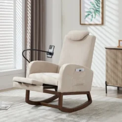 Fåtöljer>Gungstol med utdragbart fotstöd, högt ryggstöd, nackstöd och sidofickor; robust träram