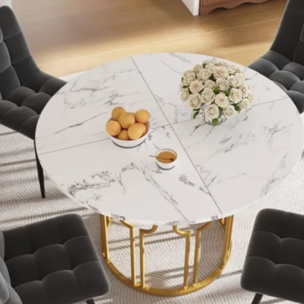 Matbord>Gyllene runt matbord med marmorskiva – multifunktionellt bord för kök och vardagsrum