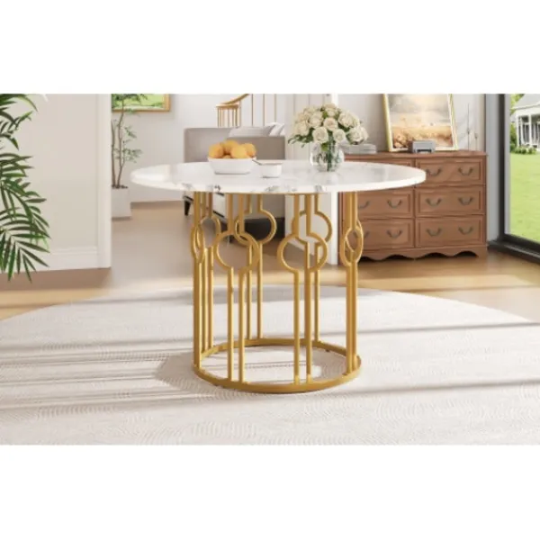 Matbord>Gyllene runt matbord med marmorskiva – multifunktionellt bord för kök och vardagsrum