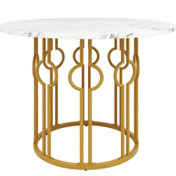 Matbord>Gyllene runt matbord med marmorskiva – multifunktionellt bord för kök och vardagsrum