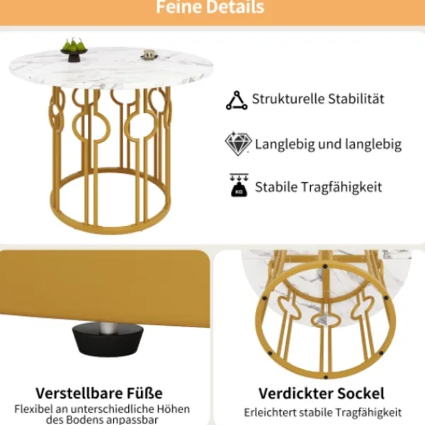 Matbord>Gyllene runt matbord med marmorskiva – multifunktionellt bord för kök och vardagsrum