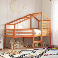 vidaXL Sängar>Hög säng med tak vaxad brun 90x200 cm massiv furu