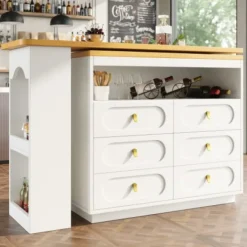 Köksö>Höj- och sänkbart barbord (138-203 cm), utdragbart med 360° svängfunktion, hjul och låda, förvaringsutrymme, vit