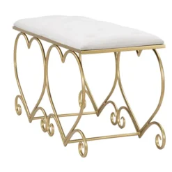 B2X Balkongmöbler>Hjärtbänk, krämfärgad klädsel, guldmetall, 105x37,5x51,5