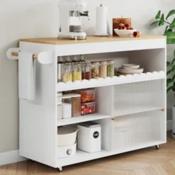 Köksö>Hopfällbar köksö-vagn (122x46x91cm) med bänkskiva i ek, skjutbara glasdörrar, justerbara hyllor & handdukshängare