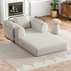 Fåtöljer>2-i-1 Chenillesoffa med förvaringsutrymme i armstödet Khaki, tre metallramar och flera möjliga konfigurationer