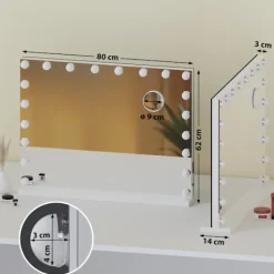 BellaFurn Sminkbord>Illuminated Wall Mirror - Make -Up Mirror - Dimble LEDS & USB -anslutning | Färg: Vit | Innehåll: Med Bluetooth