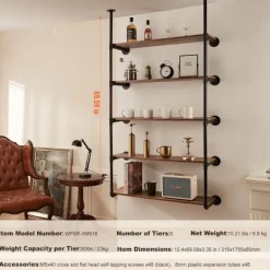 DUOKU Hyllor>Industriell Hylla i Rör--5 Nivåer-2 Delar-Bredd 9,84 tum-Väggmontering-Förvaring-Trä/Metall