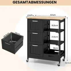 Northix Köksö>Kitchen Island Cart med förvaring, Hjul, Svart, 67x37x84 cm