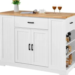 DUOKU Köksö>Köksö För Cart 46"--Träskiva Frukostbar-Förvaringsskåp med Justerbart Hylla, Låda, Lantlig Stil, Vit