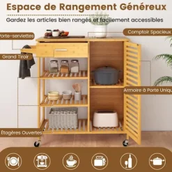 COSTWAY Köksö>Köksö i bambu , låda, 3 öppna hyllor, en dörr, handdukshållare, låsbara hjul, för vardagsrum