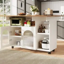 Köksö>Köksö med avtagbar serveringsvagn, multifunktionell med förvaringsutrymme, trälook, vit, modern