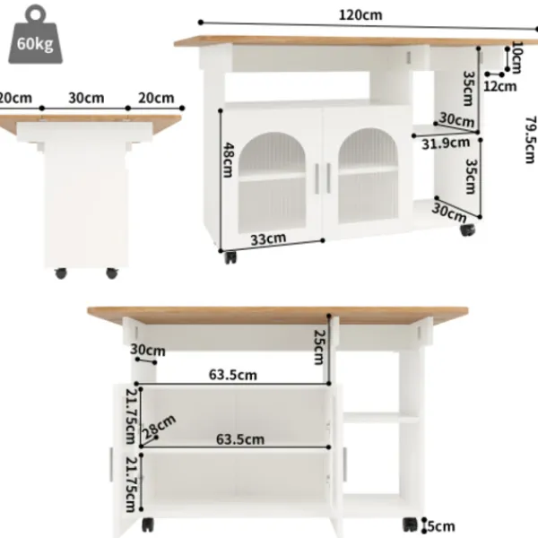 Köksö>Köksö med avtagbar serveringsvagn, multifunktionell med förvaringsutrymme, trälook, vit, modern