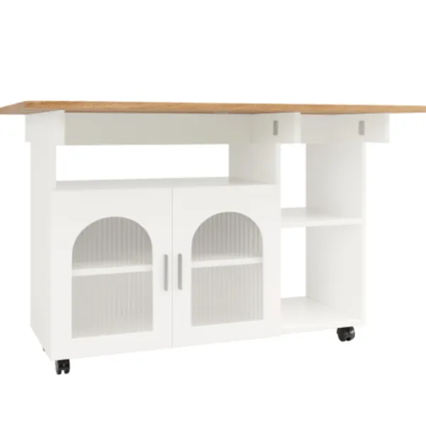Köksö>Köksö med avtagbar serveringsvagn, multifunktionell med förvaringsutrymme, trälook, vit, modern