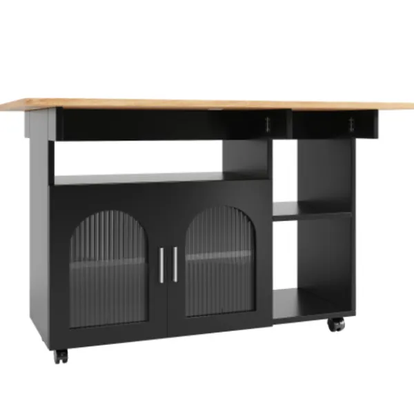 Köksö>Köksö med avtagbar serveringsvagn, multifunktionell med förvaringsutrymme, trälook, svart, modern