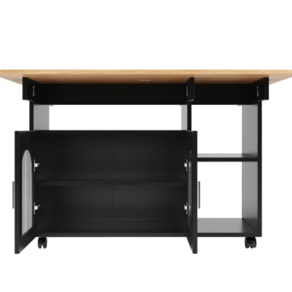 Köksö>Köksö med avtagbar serveringsvagn, multifunktionell med förvaringsutrymme, trälook, svart, modern