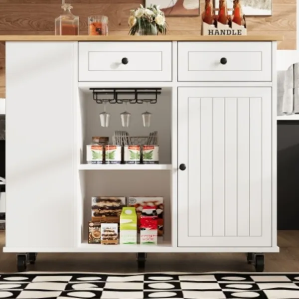 Köksö>Köksö med avtagbara partitioner, snackhållare & vinglasställ, köksskåp med arbetsyta, vit