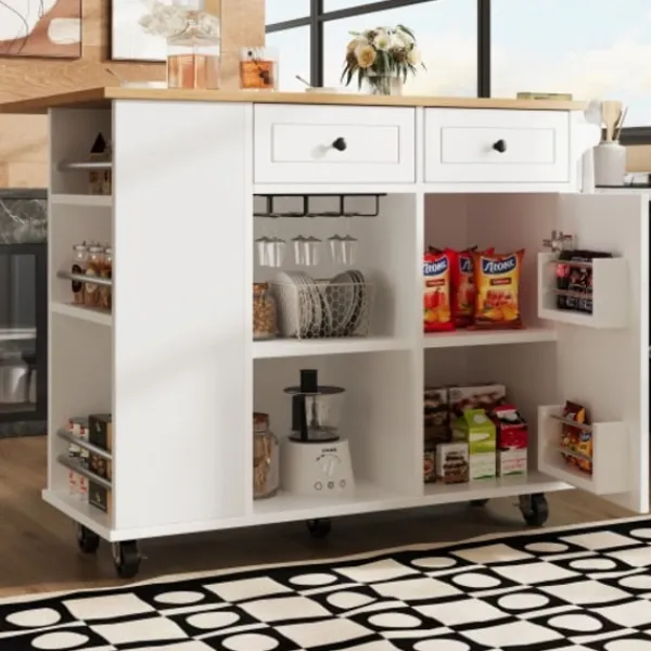 Köksö>Köksö med avtagbara partitioner, snackhållare & vinglasställ, köksskåp med arbetsyta, vit