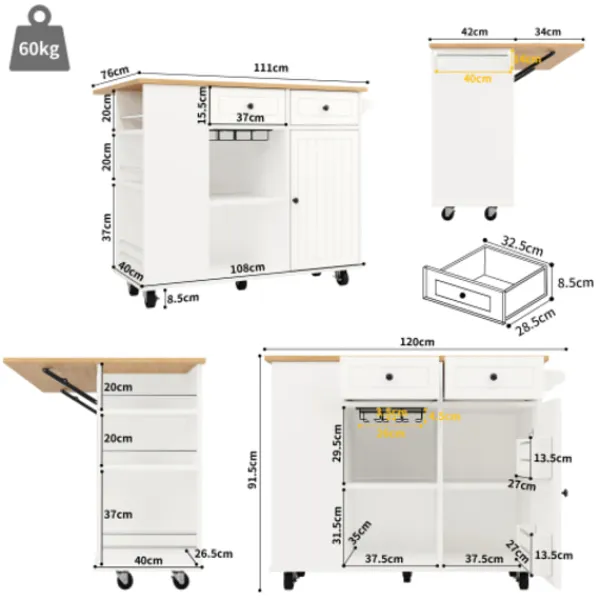 Köksö>Köksö med avtagbara partitioner, snackhållare & vinglasställ, köksskåp med arbetsyta, vit
