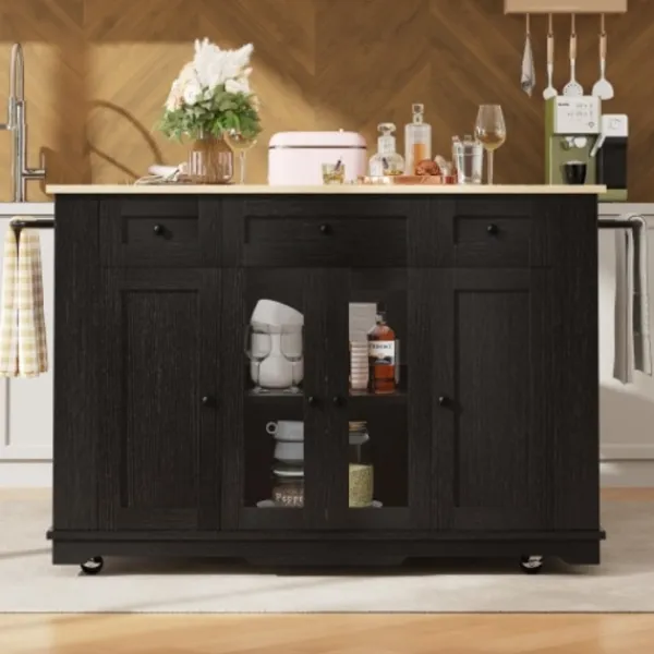 Köksö>Köksö med avtagbara partitioner och härdat glas, köksskåp med arbetsbänk, svart