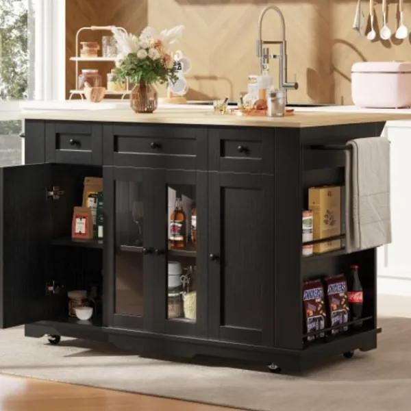 Köksö>Köksö med avtagbara partitioner och härdat glas, köksskåp med arbetsbänk, svart