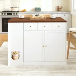 Köksö>Köksö med djurhörna & utdragbar hylla, kryddhylla & lådor, 120x90cm Vit/Valnöt