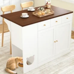 Köksö>Köksö med djurhörna & utdragbar hylla, kryddhylla & lådor, 120x90cm Vit/Valnöt