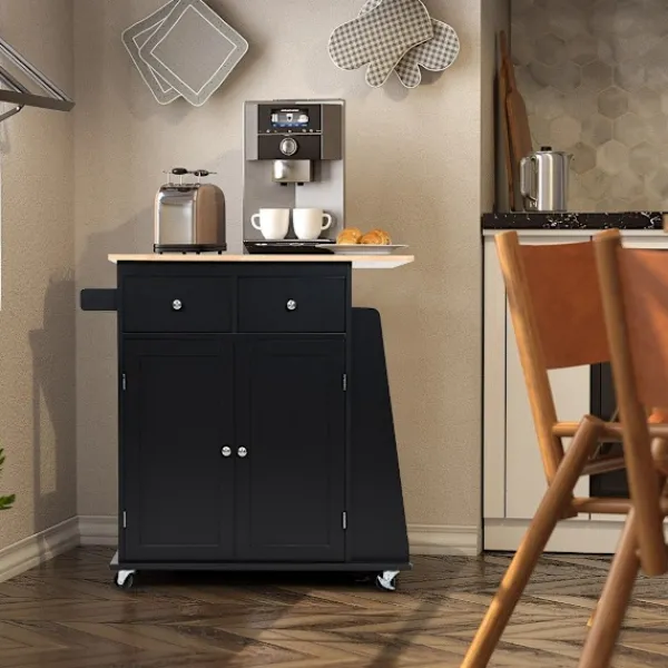 Northio Köksö>Köksö med förvaring Rullande Gummi Trä Serveringsvagn 88 x 46 x 89,5 cm Svart