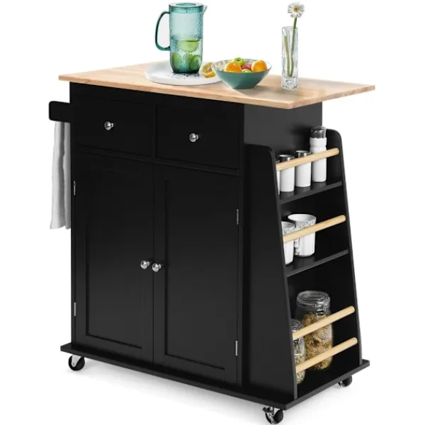 Northio Köksö>Köksö med förvaring Rullande Gummi Trä Serveringsvagn 88 x 46 x 89,5 cm Svart