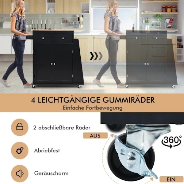 Northio Köksö>Köksö med förvaring Rullande Gummi Trä Serveringsvagn 88 x 46 x 89,5 cm Svart