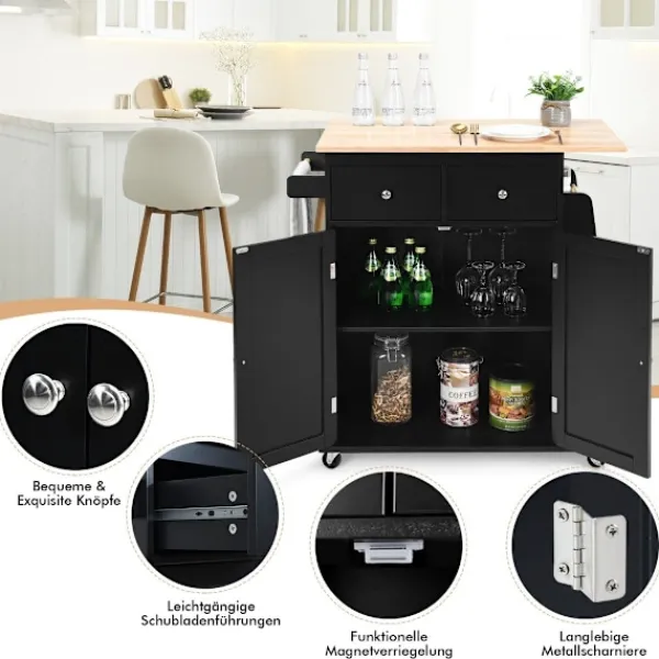 Northio Köksö>Köksö med förvaring Rullande Gummi Trä Serveringsvagn 88 x 46 x 89,5 cm Svart