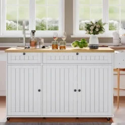 Köksö>Köksö med glasskiva och 6 hjul, 137x89,5 cm, med 2 lådor & skåp, flexibel arbetsyta, vit