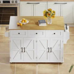 Köksö>Köksö med glasskiva och 5 hjul, ladugårdsstil med 4 dörrar & 3 lådor, dubbelsidig handdukshängare, vit