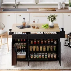 Köksö>Köksö med glasskiva och 6 låsbara hjul, 137x89,5 cm, med 2 lådor & skåp, flexibel arbetsyta, svart