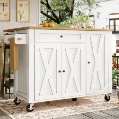 Köksö>Köksö med gott om förvaringsutrymme, inklusive kryddhylla och handdukshängare, 3 dörrar, justerbara hyllor, vit