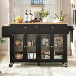 Köksö>Köksö med hjul och glasdörrar, multifunktionell med trästruktur och stort förvaringsutrymme, serveringsvagn, svart