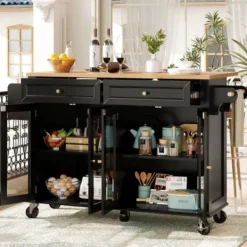 Köksö>Köksö med hjul och glasdörrar, multifunktionell med trästruktur och stort förvaringsutrymme, serveringsvagn, svart