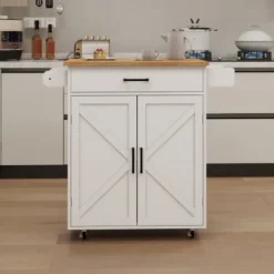 Köksö>Köksö med hjul och justerbara hyllor, handdukshängare & kryddhylla, gummiträskiva, vit