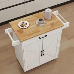 Köksö>Köksö med hjul och justerbara hyllor, handdukshängare & kryddhylla, gummiträskiva, vit