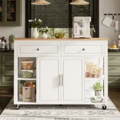 Köksö>Köksö med trästruktur, serveringsvagn med 2 lådor & bromsar, hjul & gott om förvaringsutrymme, mångsidig