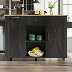 Köksö>Köksö svart - multifunktionell med sopskåp, snackhyllor & förvaringsutrymme, kan användas som buffé & matbord