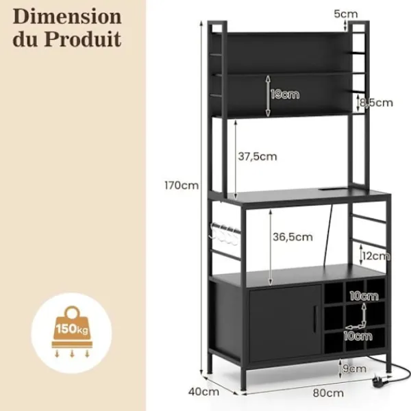 COSTWAY Sideboards>Köksbuffé med eluttag , vinflaskställ, metallram, för kök, vardagsrum, matsal,