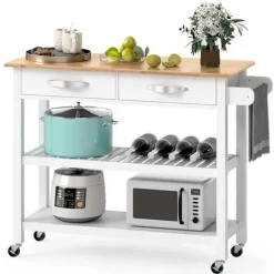 COSTWAY Köksö>Kökshylla i 3 nivåer , Arbetsyta i trä, 2 lådor, Öppna hyllor, Låsbara hjul, Handtag,