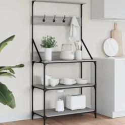 vidaXL Köksö>Kökshylla med krokar 4 hyllplan grå sonoma konstruerat trä