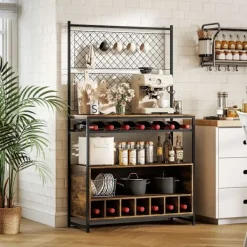 Northio Köksö>Kökshylla med krokar och vinställ, rustik brun