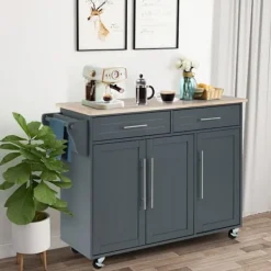 COSTWAY Köksö>Kökshylla på hjul , 2 lådor, 2 skåp, topp i gummiträ, handdukshängare, justerbara hyllor