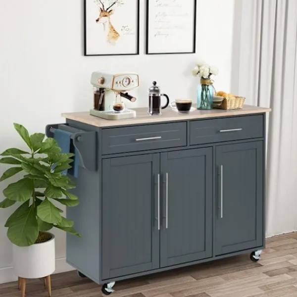 COSTWAY Köksö>Kökshylla på hjul , 2 lådor, 2 skåp, topp i gummiträ, handdukshängare, justerbara hyllor