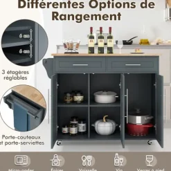 COSTWAY Köksö>Kökshylla på hjul , 2 lådor, 2 skåp, topp i gummiträ, handdukshängare, justerbara hyllor