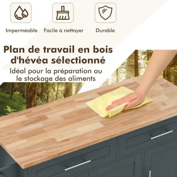 COSTWAY Köksö>Kökshylla på hjul , 2 lådor, 2 skåp, topp i gummiträ, handdukshängare, justerbara hyllor