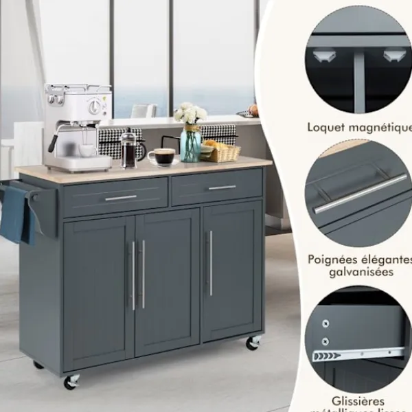 COSTWAY Köksö>Kökshylla på hjul , 2 lådor, 2 skåp, topp i gummiträ, handdukshängare, justerbara hyllor